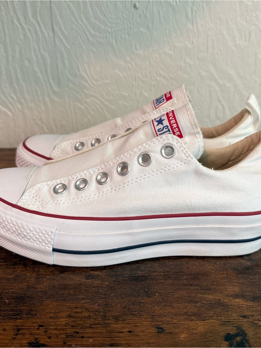 Converse White Slip-On Low Top Sneakers with Red & Navy Trim - Picture 3 of 5